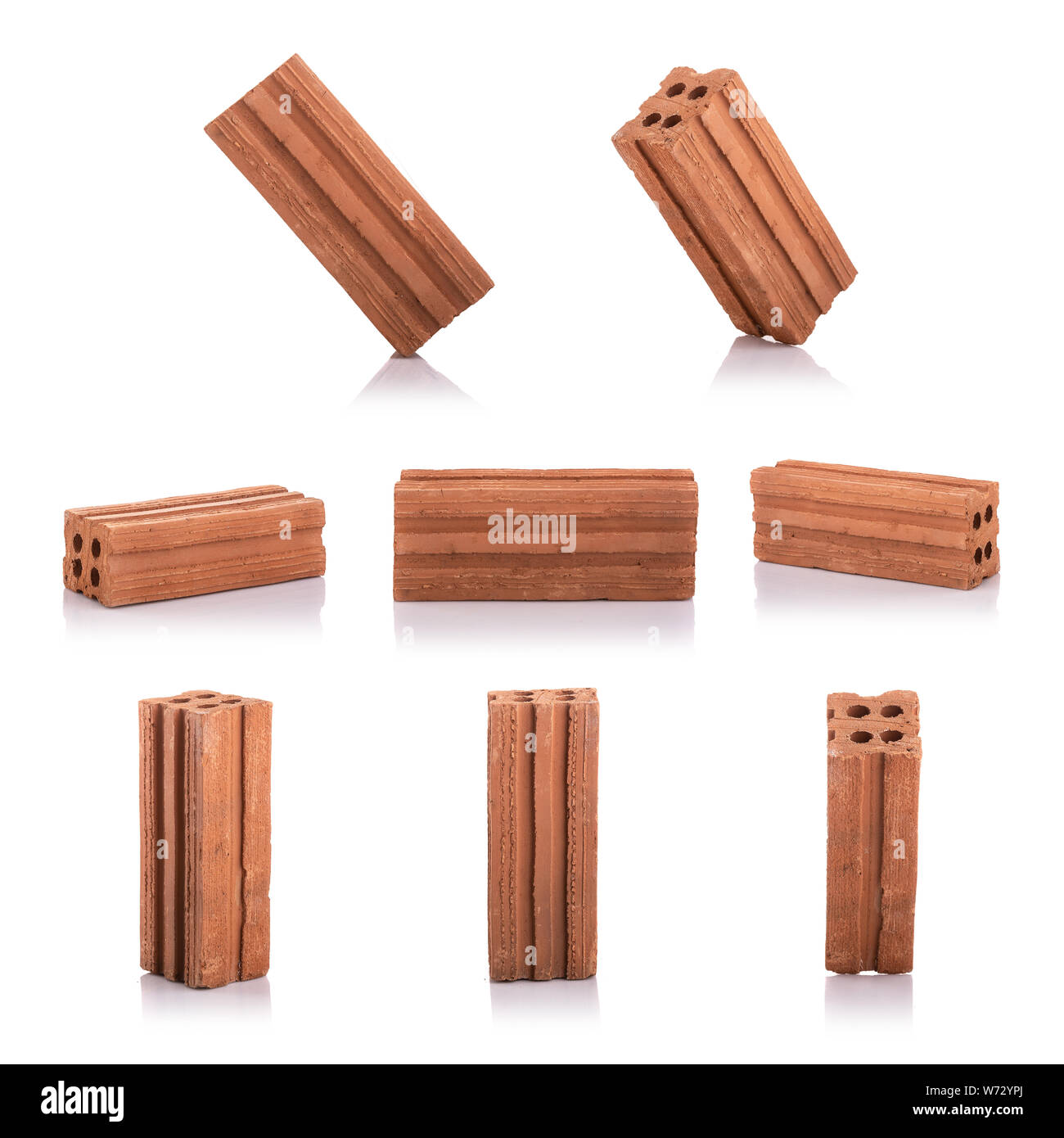 Neue rote Terrakotta Ziegel für Wand auf weißem Hintergrund erstellen Stockfoto