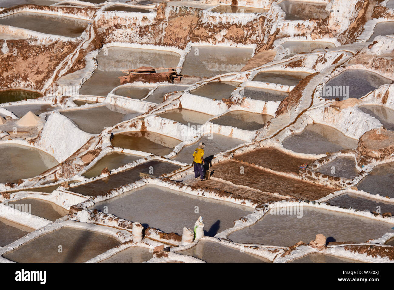 Arbeiter an der Salinen von Maras, das Heilige Tal, Peru Stockfoto