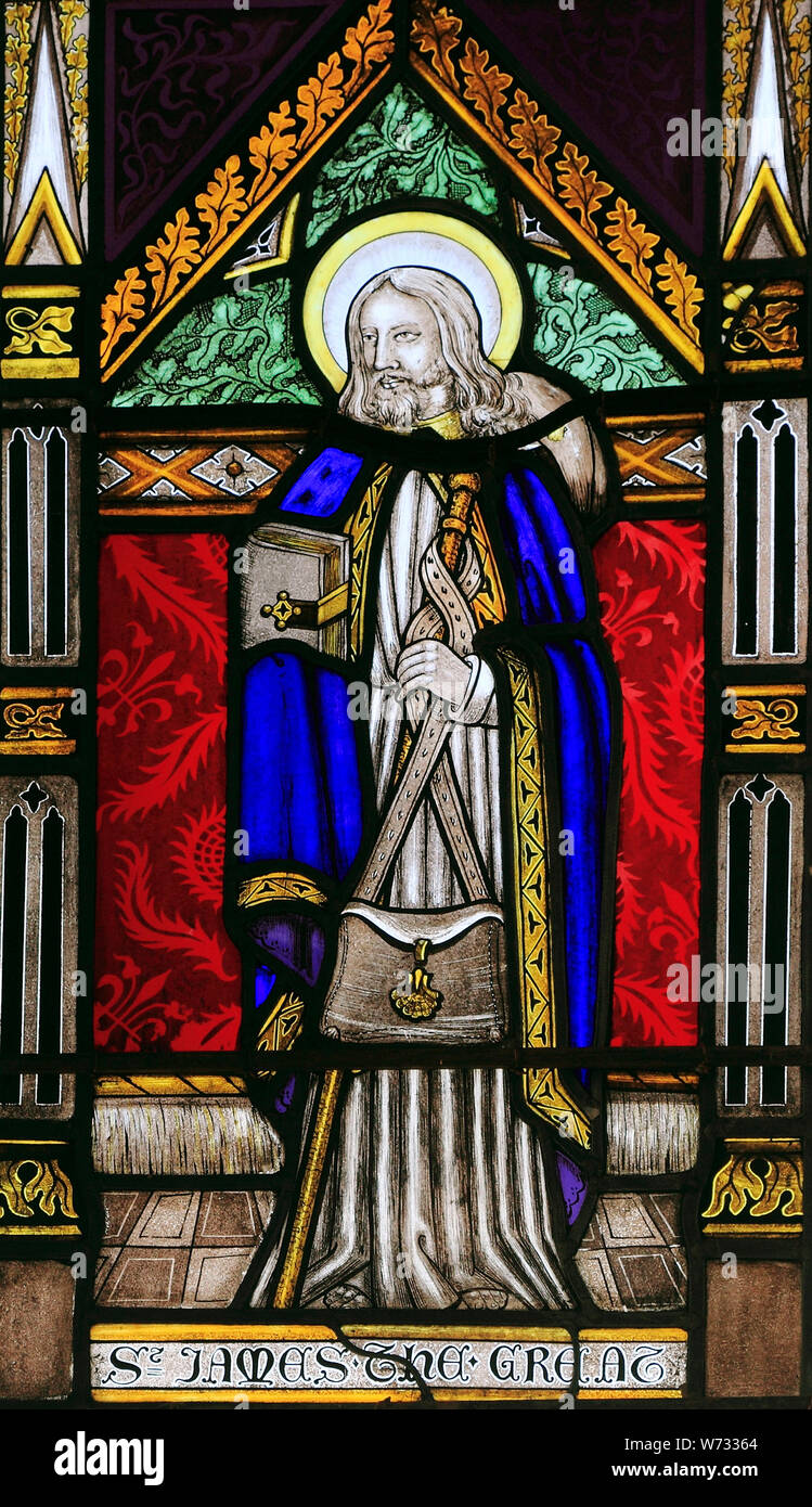 St. James der Große, der Größere, Pilger Personal, Glasfenster, Schutzpatron Spaniens, von Joseph Gewährung von Costessey 1856 Wighton, Norfolk Stockfoto