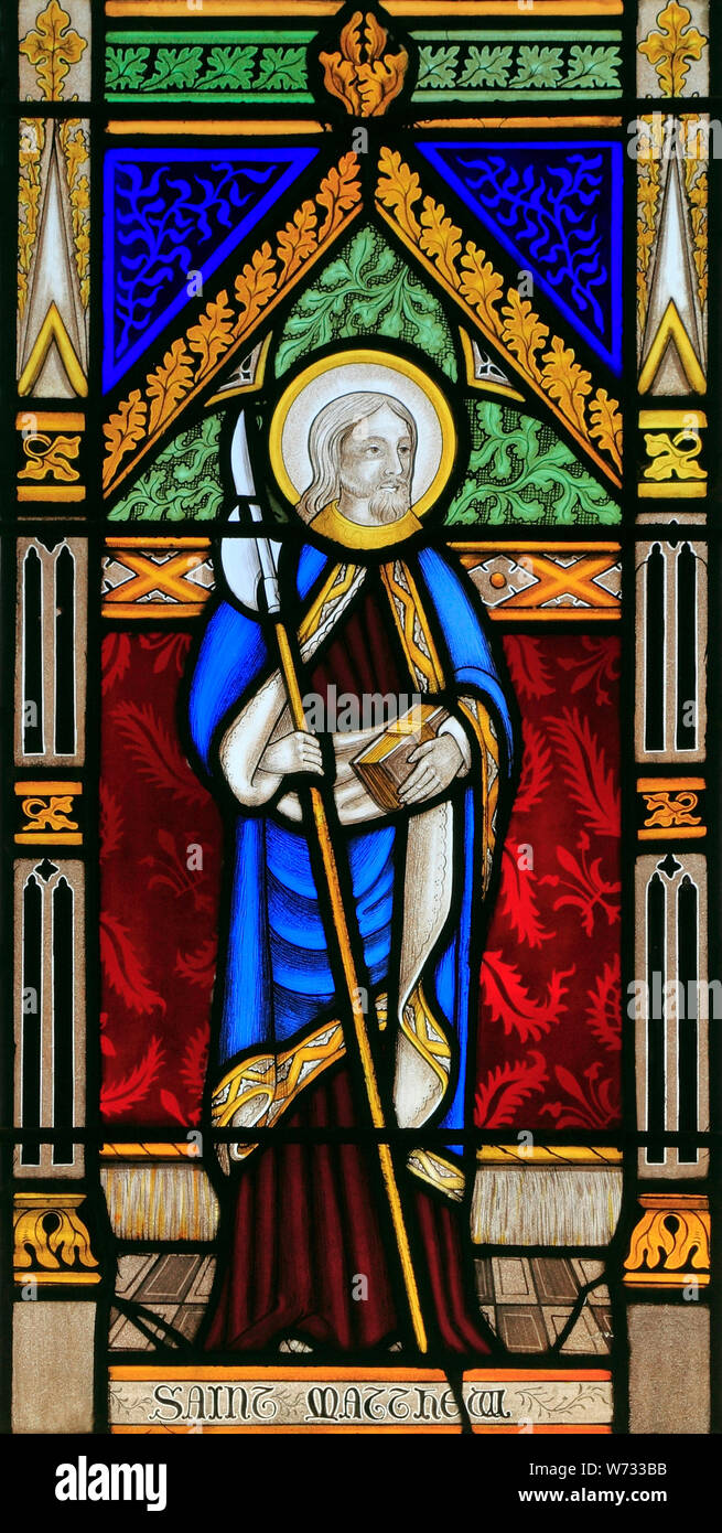 St. Matthäus, Glasfenster von Joseph Gewährung von COSTESSEY C. 1856, Heilige, heiligen, Wighton, Norfolk, England Stockfoto