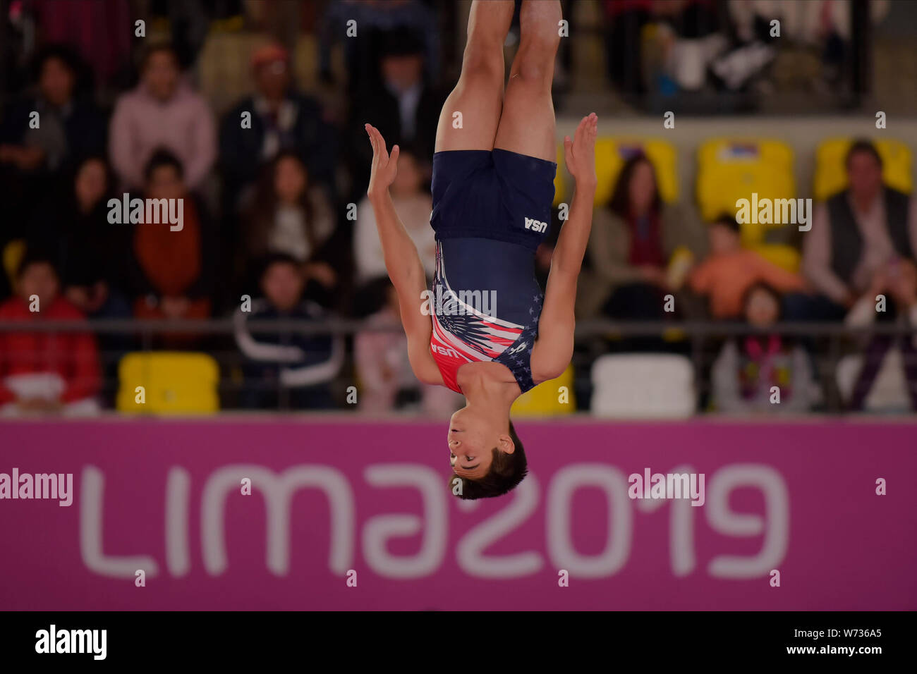 Lima, Peru. 04 Aug, 2019. Ruben Padilla aus den Vereinigten Staaten am Trampolin Gymnastik. Pan American Games von Lima 2019. Lima. PE. Credit: Reinaldo Reginato/FotoArena/Alamy leben Nachrichten Stockfoto