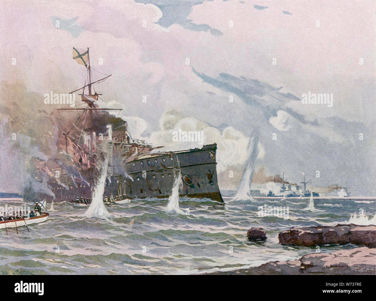 NOVIK Kaiserlich Russische Marine Cruiser in Aniva Bucht gefangen. Ihr Kapitän Versuche erfolglos sein Schiff im August 1904 zu versenken. Stockfoto