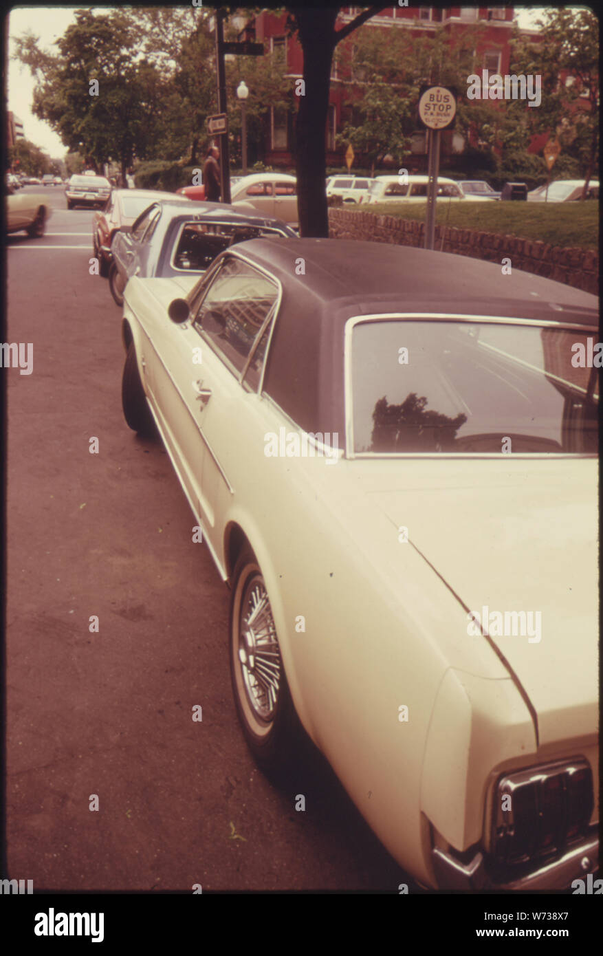 Der Fahrer GEPARKT IN DIESER BUSHALTESTELLE NICHT ZU SORGEN, DENN ES WAR EIN BUS STREIKS IN WASHINGTON, DISTRICT OF COLUMBIA IM MAI, 1974. Polizei wurden GEZWUNGEN, DIE MEHRHEIT DER illegal geparkten Autos, WEIL DER STREIK 250.000 MENSCHEN, DIE IN DER REGEL DIE BUSSE ZU FINDEN, alternative Methoden der Transport, in der Regel das Auto fuhr gezwungen, zu ignorieren. Die METRO BUS SYSTEM NORMALERWEISE hat 1.800 Busse auf den Straßen während der Hauptverkehrszeiten am Morgen und am Abend Stockfoto