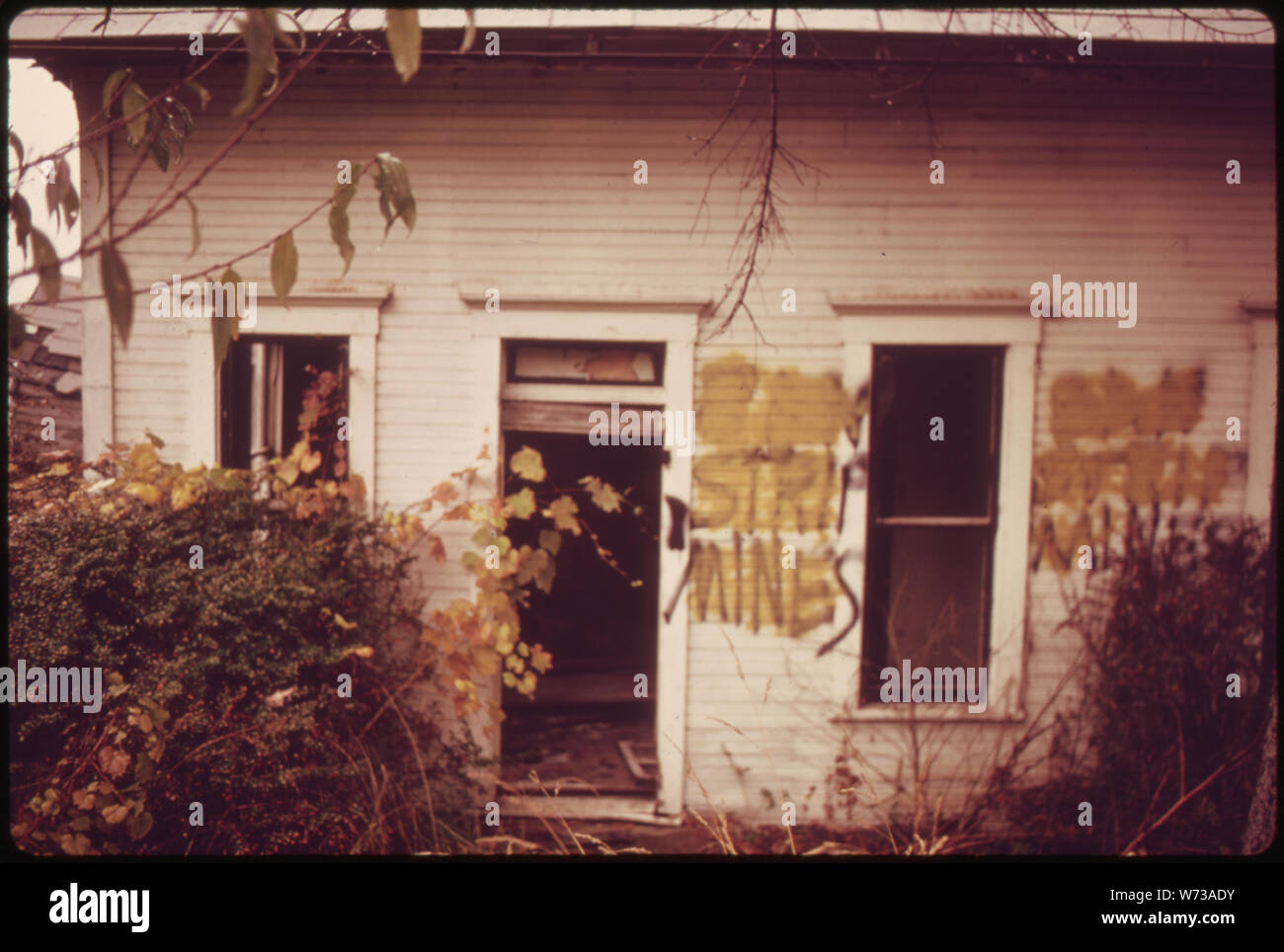 Dieses Zeichen lesen VERBOT STRIP MINES, BEVOR SIE gemalt, lokale Opposition zu STRIPPEN IST MILD, WEIL DIE MEISTEN MENSCHEN SEHEN, DIE MIT DER KOHLE UNTERNEHMEN FÜR DIE BESCHÄFTIGUNG SEIT BAUERNHOF WIRTSCHAFT BRÖCKELT. An der Route 800, in der Nähe von Fairview, Ohio, und STEUBENVILLE Stockfoto