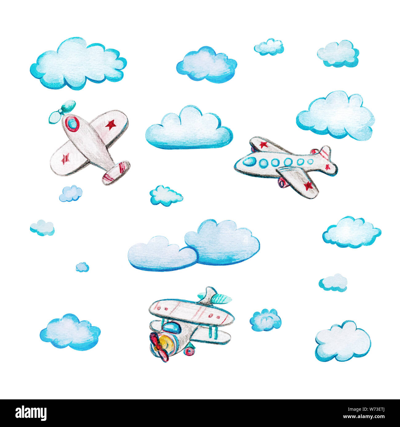 Kinder- Aquarell set mit Flugzeugen. Aquarell Abbildung mit Flugzeug- und Wolken und auf weißem Hintergrund. Passagierflugzeuge mit Stars und St Stockfoto