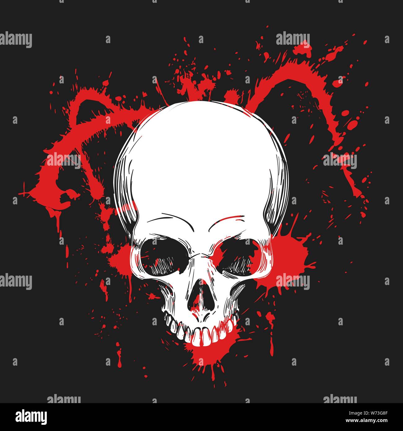 Menschlicher Schädel auf Blut spritzt Hintergrund. Shirt Vorlage. Vector Illustration. Stock Vektor