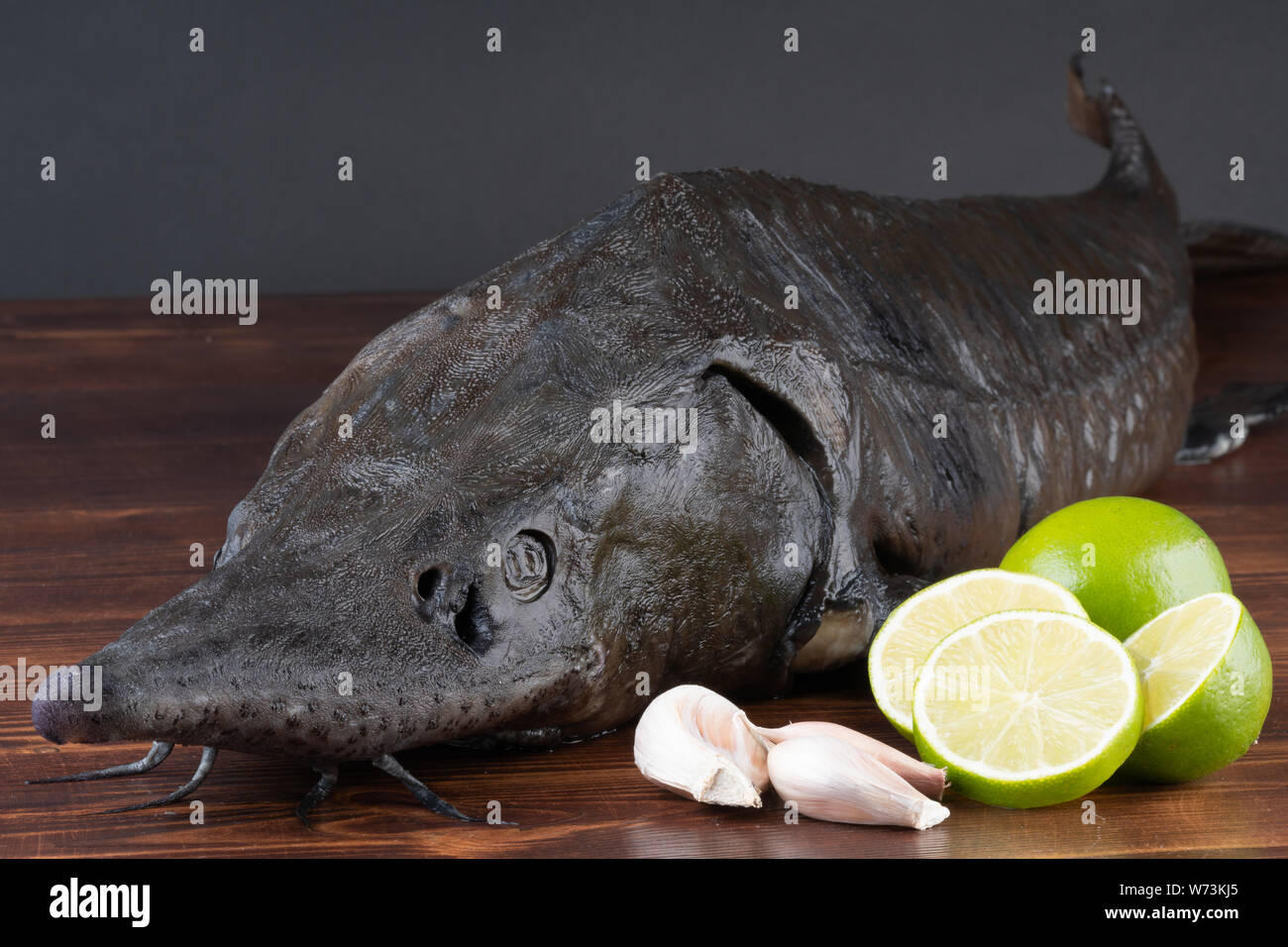 Frische rohe Stör Fisch auf den Tisch mit Zitrone Pfeffer Knoblauch. clouse bis Stockfoto