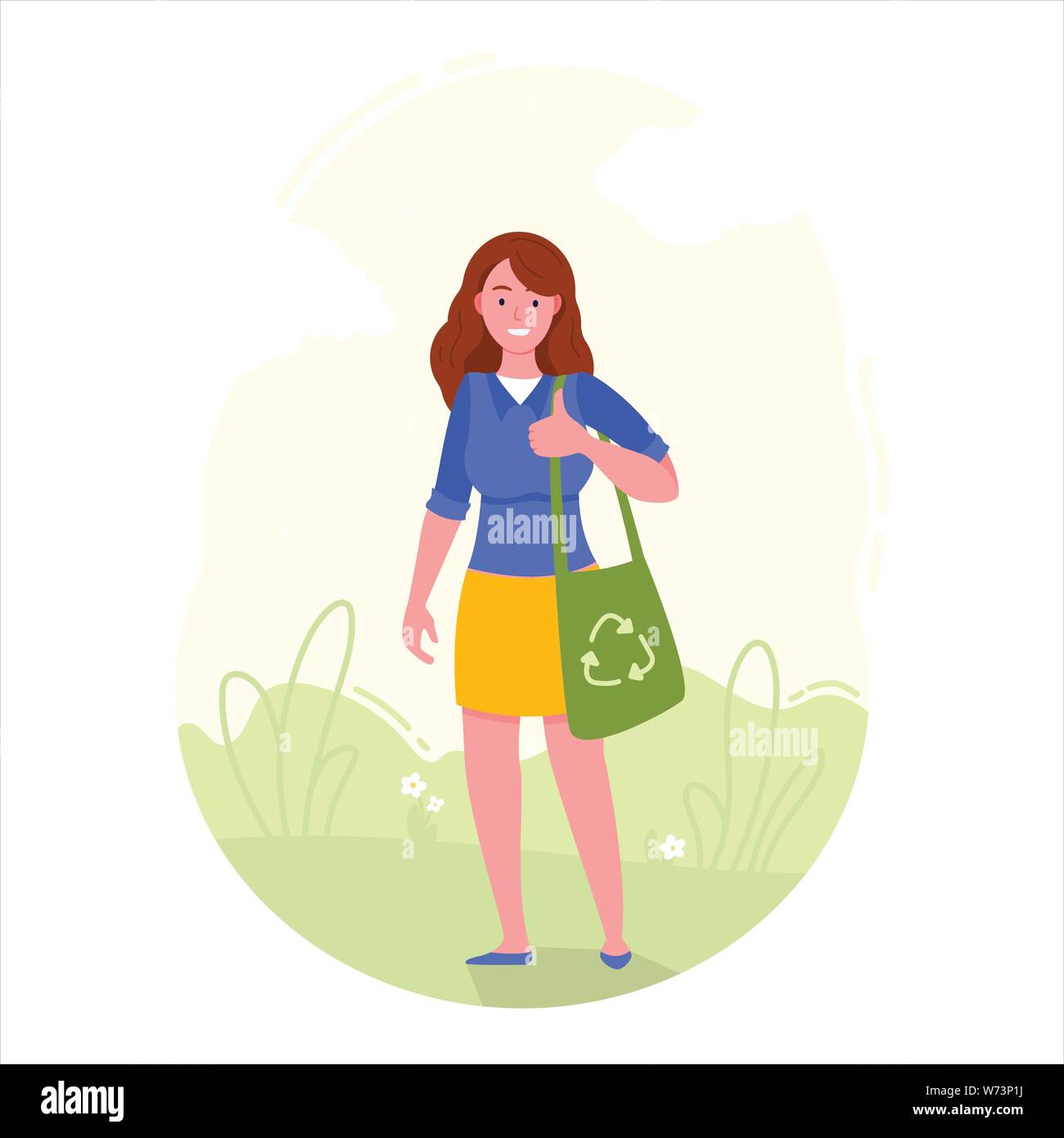 Mädchen ist Holding eco Beutel mit Recycling Symbol. Stock Vektor