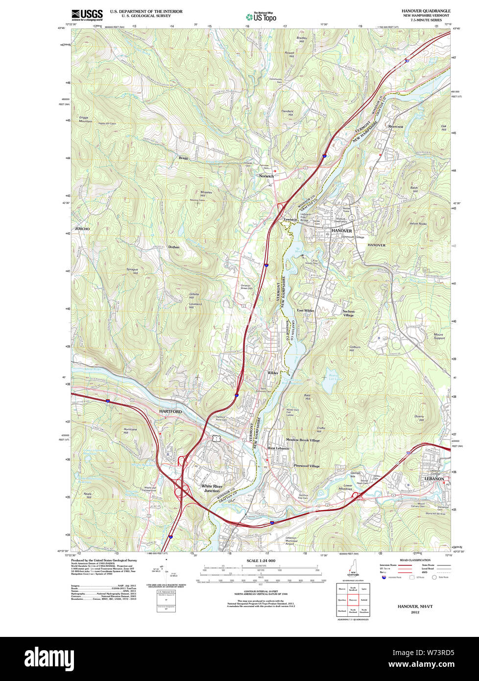 USGS TOPO Karte New-Hampshire NH Hannover 20120607 TM Wiederherstellung Stockfoto