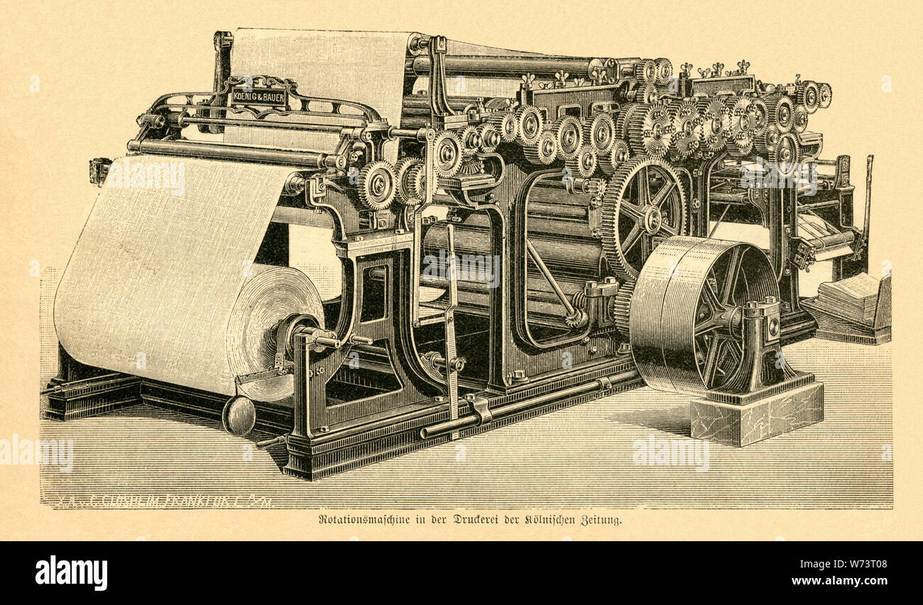 Europa, Deutschland, Originaltext: "Rotationsmaschine in der Druckerei der Kölnischen Zeitung, Motiv aus: "Sterben denkwürdigsten Erfindungen bis zu Ende des XVIII. Jahrhunderts', Schilderungen für die reifere Jugend. In Verbindung mit L. Luckenbacher herausgegeben von Ludwig Thomas, durchgesehen und erweitert von Richard Roth, verlagsbuchhandlung von Otto Spamer, Leipzig und Berlin, 1882. / Europa, Deutschland, original Text: "Rotationsmaschine in der Druckerei der Kölnischen Zeitung' (Rotationsdruckmaschine der Druckerei der Kölnischen Zeitung), Bild aus: "Sterben Denkwür Stockfoto