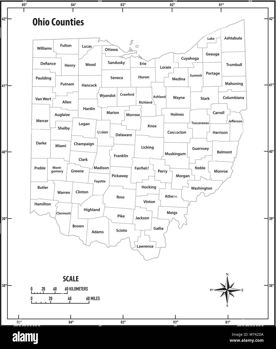 Ohio Zustand Umrisse administrative und politische Vektorkarte in Schwarz und Weiß Stock Vektor