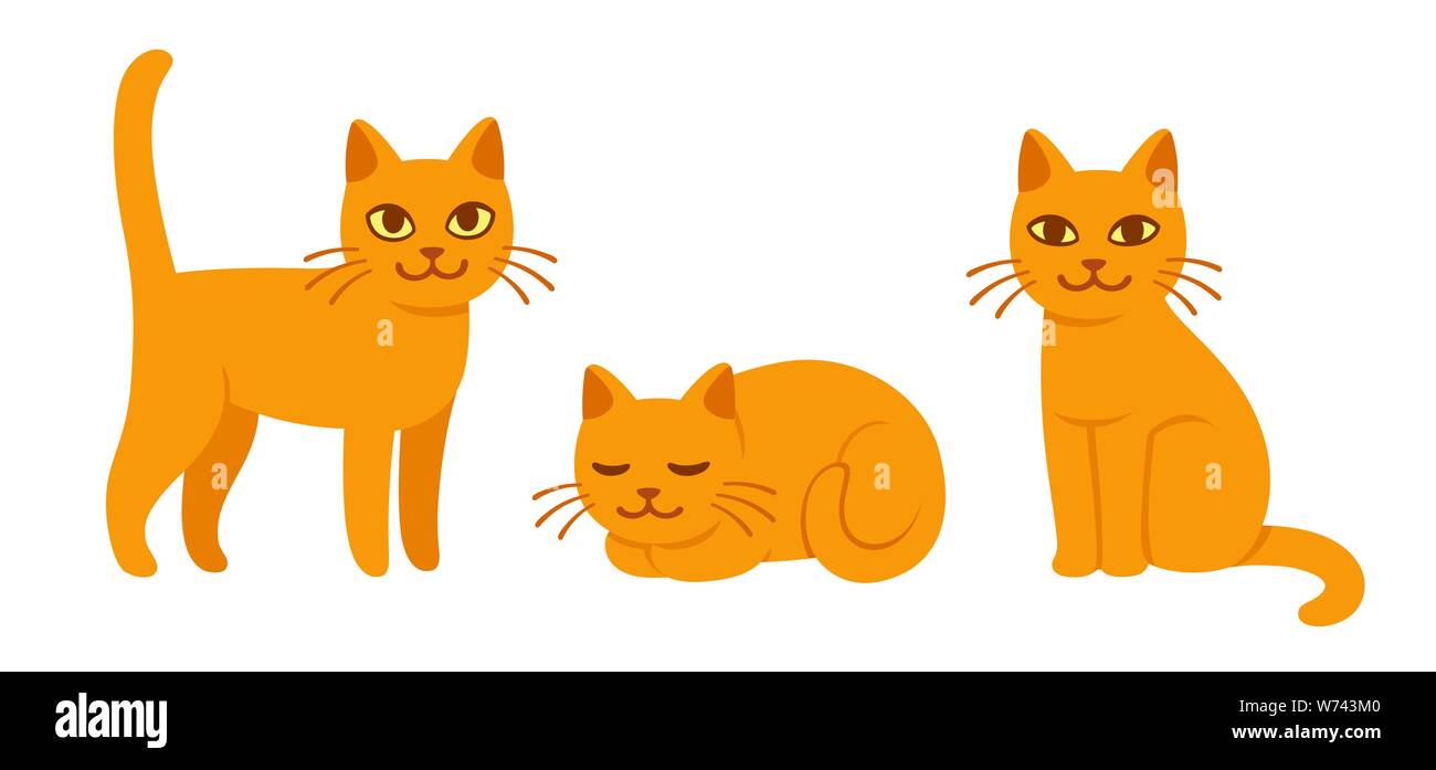 Süße Katze zeichnen in verschiedenen Posen. Im Sitzen, im Stehen und Schlafen. Ingwer Kitty in einfachen Cartoon Stil, isolierte Vector Illustration. Stock Vektor