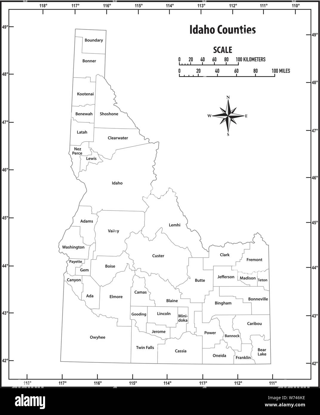 Idaho State Umrisse administrative und politische Vektorkarte in Schwarz und Weiß Stock Vektor