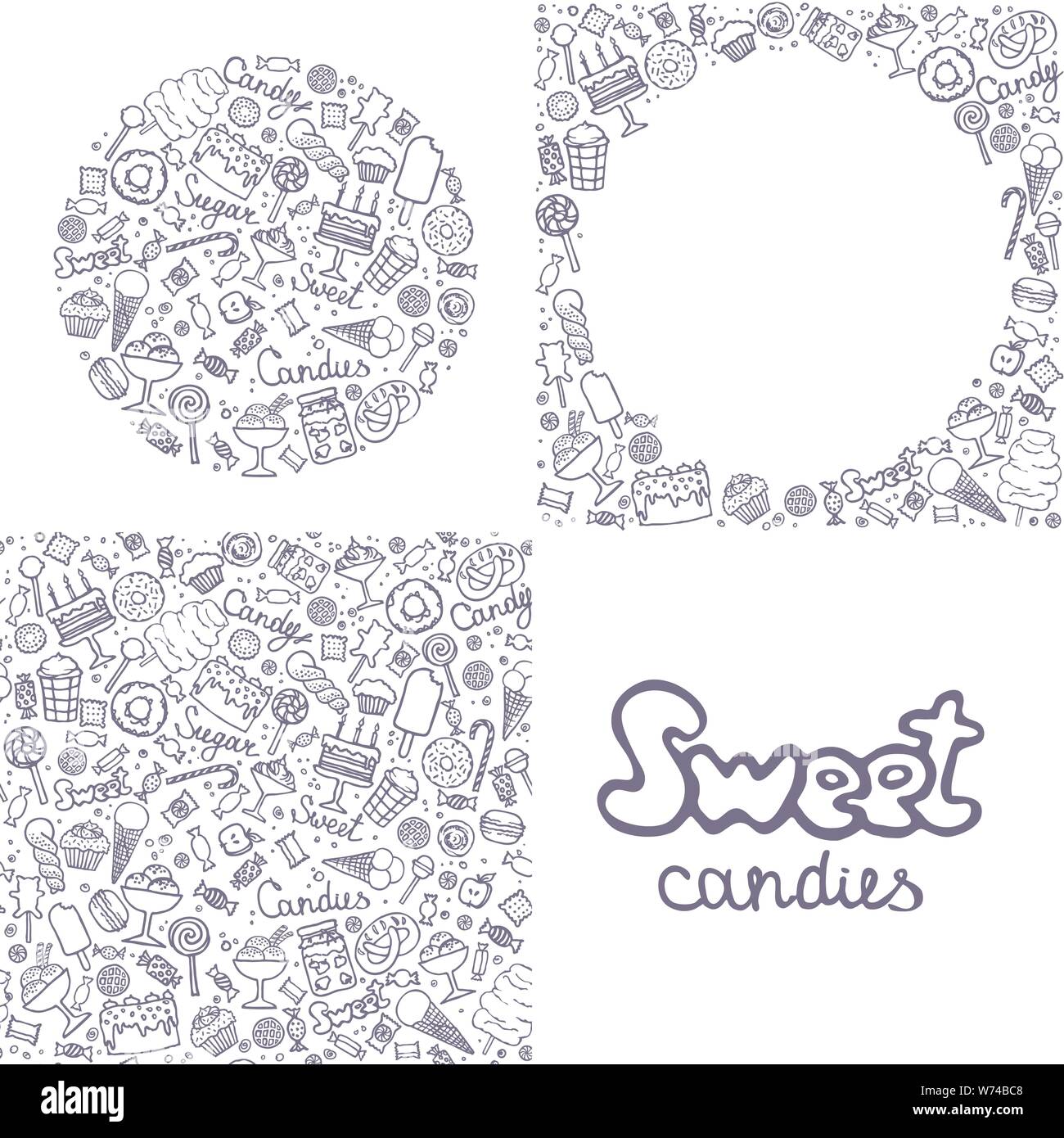 Satz von Süßigkeiten, Kuchen, Süßigkeiten, Eis und Desserts in doodle Stil. Handgezeichnete Vektorgrafiken. Abbildung: Isolierte süsse bonbons eingestellt Stock Vektor