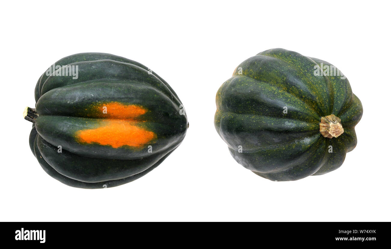 Zwei verschiedene Winkel Ansichten von Acorn Squash auf Weiß Stockfoto