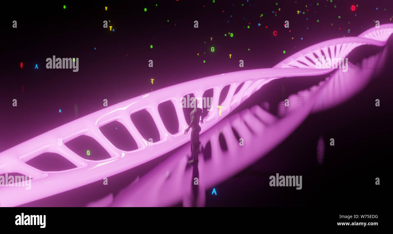 Neon leuchtenden DNA mit menschliche Silhouette und regnet DNA Proteine Konzept Adenin, Thymin, Guanin, Cytosin, Proteine, 3D-Rendering Stockfoto