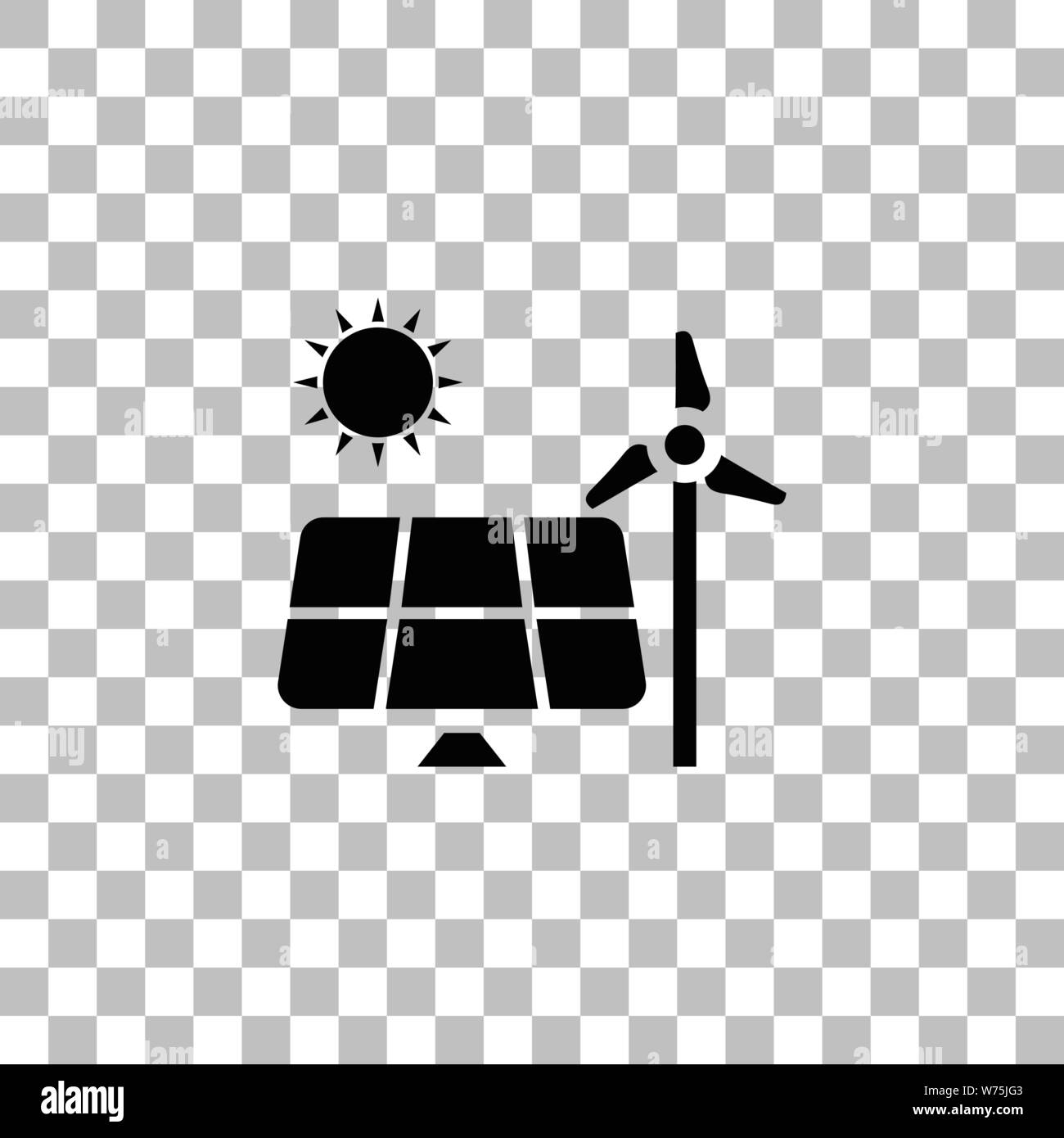 Solarzellen und Windmühlen für Energie. Flache schwarze Symbol auf einen transparenten Hintergrund. Piktogramm für Ihr Projekt Stock Vektor