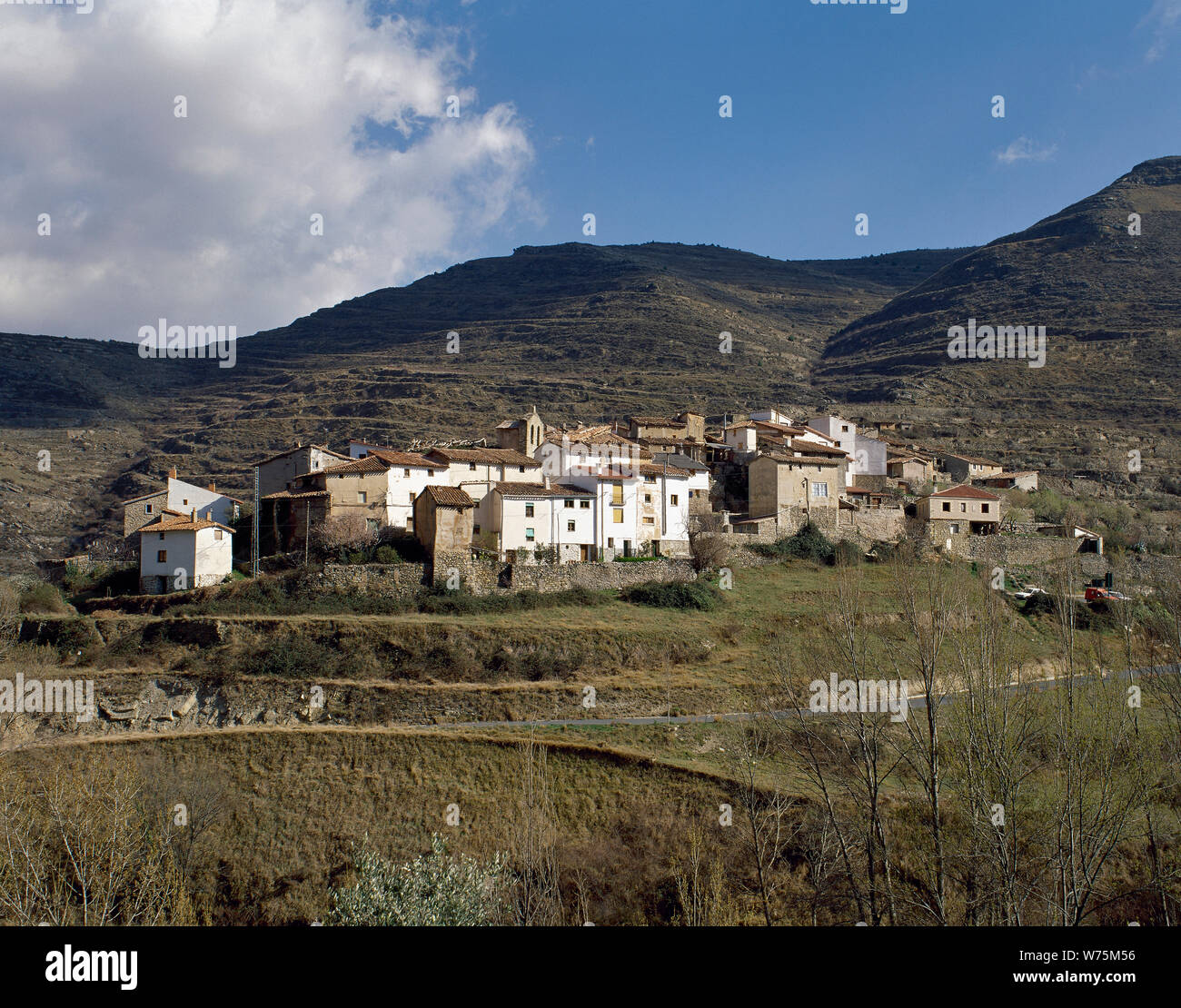 Spanien. La Rioja. Peroblasco. Panoramablick auf das Dorf. Cidacos Tal. La Rioja Baja. Stockfoto