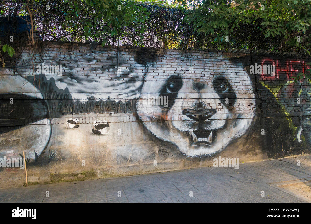 Ein Wandgemälde zeigt ein riesiger Panda und Panda Jungen auf der Bambus Wald auf einer Straße im Stadtteil Chenghua, Chengdu City, im Südwesten Chinas Sichuan Stockfoto