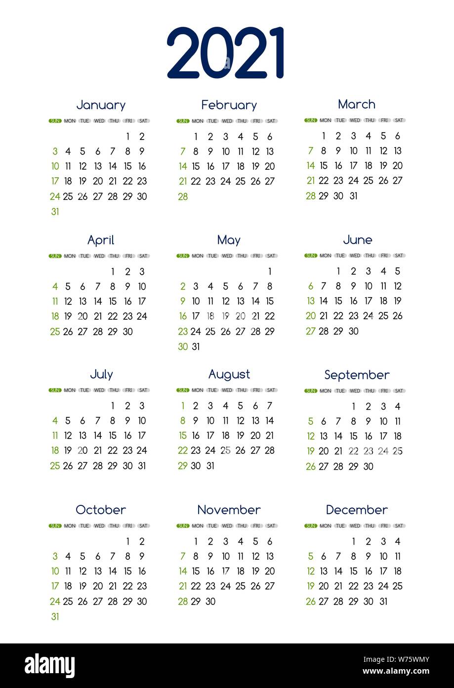 Vector 21 Neues Jahr Kalender Planer Vorlage Im Minimal Tabelle Einfachen Stil Blau Und Grun Farbe Urlaub Veranstaltung Adenda Woche Beginnt Sonntag 12 Monat Legen Stock Vektorgrafik Alamy