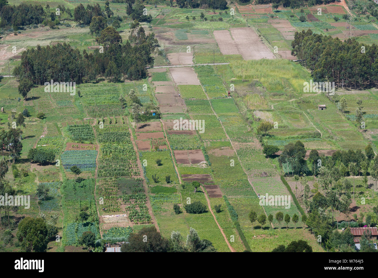 Ein Flickenteppich von Bauern Feld gesehen von der Mahi Mahiu Longonot View Point", auf einer 104 Nakuru - Nairobi Straße. Rift Valley Kenia. Stockfoto