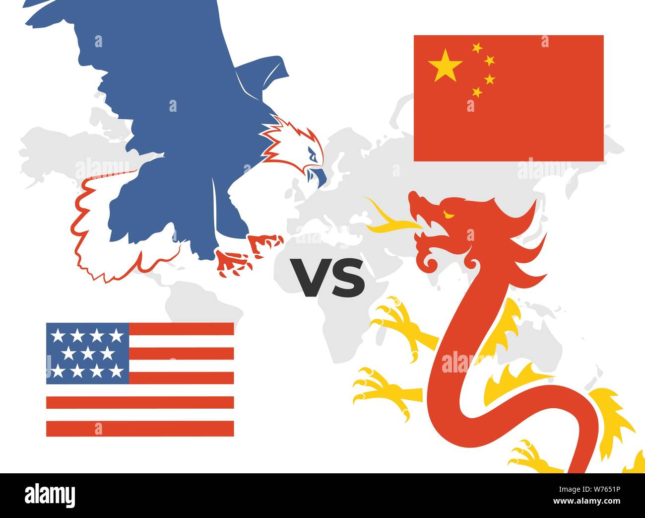 Handelskrieg Konzept USA gegenüber China Adler und Drachen Stock Vektor