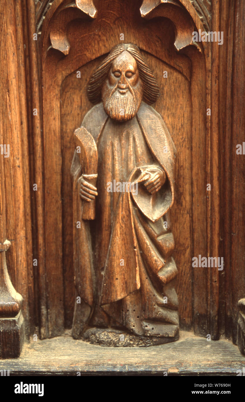 Holz-, Carving, St. Bartholomäus, Kirche der Heiligen Dreifaltigkeit Blythburgh Suffolk, Großbritannien. Stockfoto