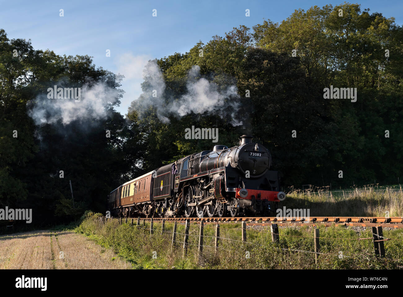 BR-Standard 5 MT-Nr. 73082 arbeitet, ein Zug durch Leigh Woods auf der WSR Stockfoto