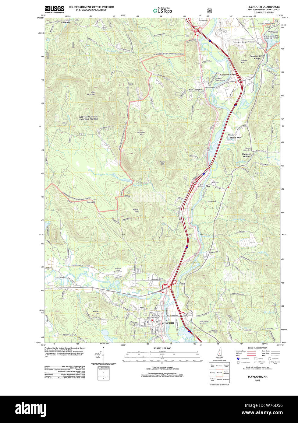 USGS TOPO Karte New-Hampshire NH Plymouth 20120606 TM Wiederherstellung Stockfoto