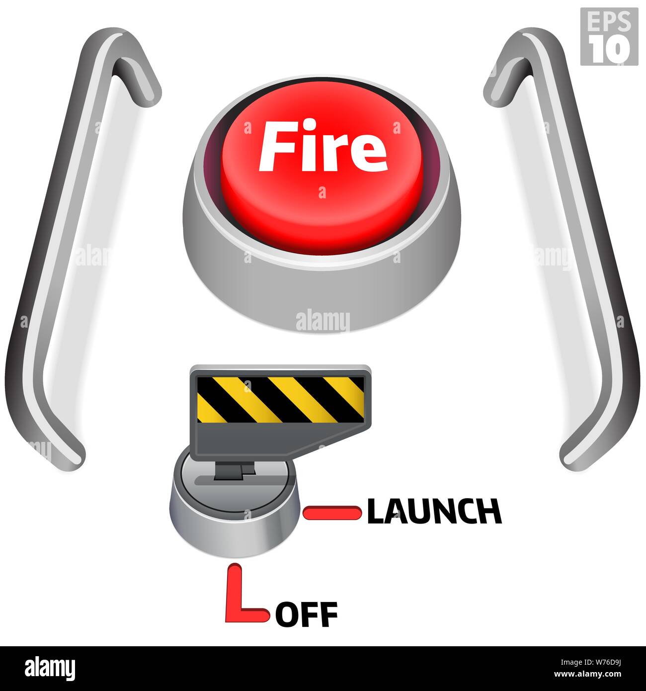 Die Launch Control Center mit großen roten Druckknopf, Sicherheit Start Taste eingeschaltet und um Schutz für die Feuer-Schalter drücken. Stock Vektor