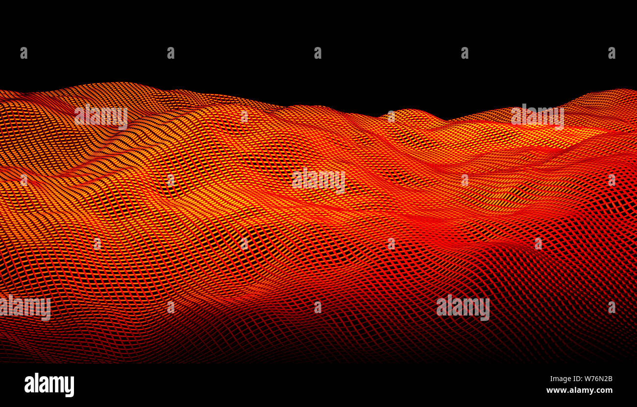 3D-Render Bild von Orange geometrischen Rasters abstrakte Wellen auf einem schwarzen Hintergrund. Stockfoto
