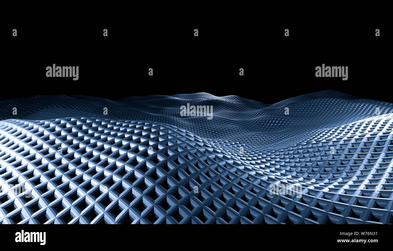 3D-Bild rendern der geometrischen abstrakten grid Wellen auf einem schwarzen Hintergrund. Stockfoto