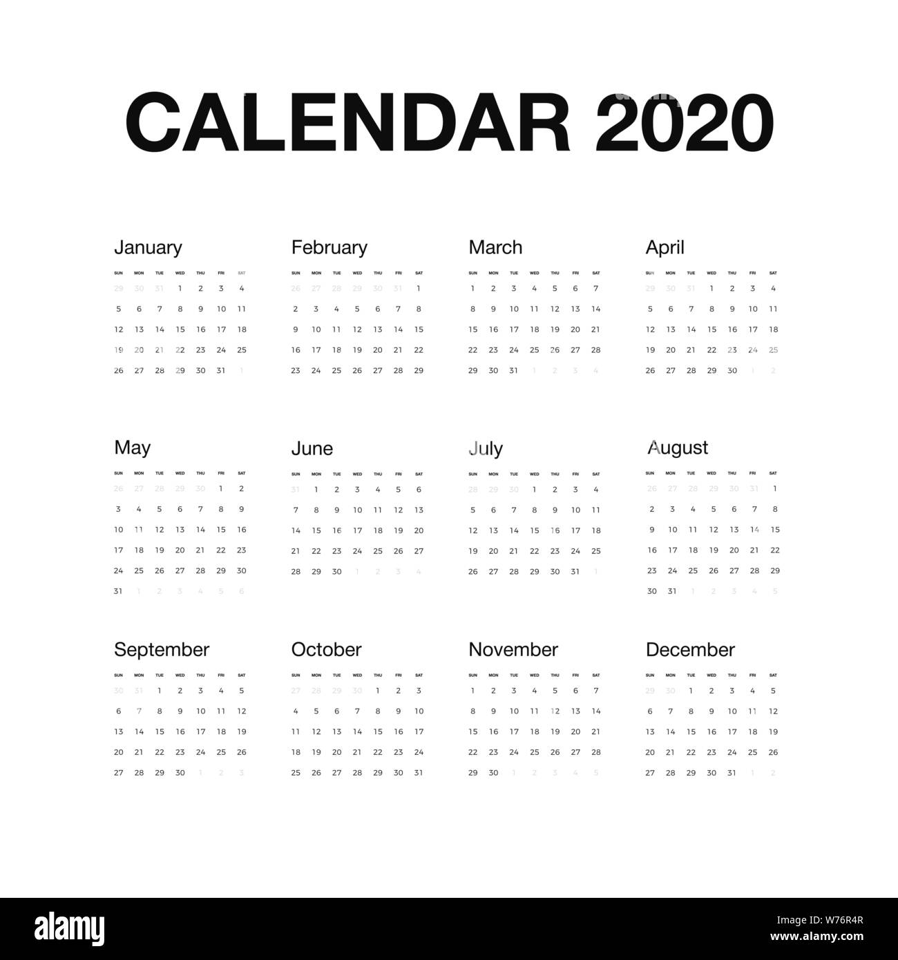 Minimalistischer Schreibtisch Kalender 2020 Jahr. Design von Kalender mit englischen Namen der Monate und Wochen. Vector Illustration isoliert auf weißem backgroun Stock Vektor