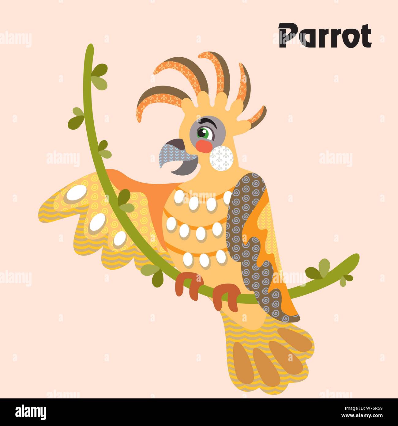 Bunt dekorativ Umrisse lustig bunte Papagei sitzt auf einem Weinstock im Profil. Wilde Tiere und Vögel Vektor cartoon Flachbild Abbildung in verschiedenen c Stock Vektor