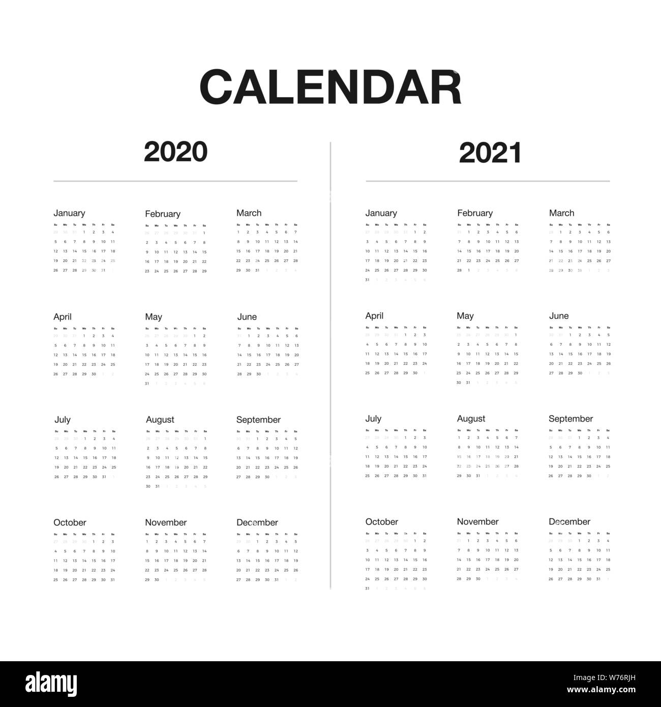 Minimalistischer Schreibtisch Kalender 2020 und 2021 Jahren. Design von Kalender mit englischen Namen der Monate und Wochen. Vector Illustration Stock Vektor