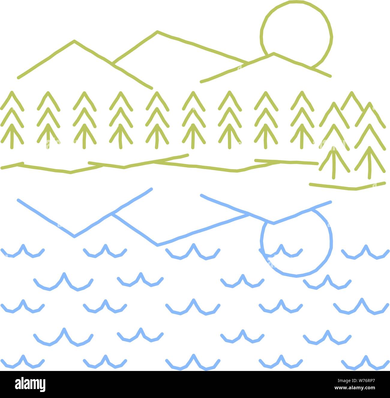 Berge und Bäume in einem See oder das Meer in eine einfache grobe Zeichnung wider. Stock Vektor