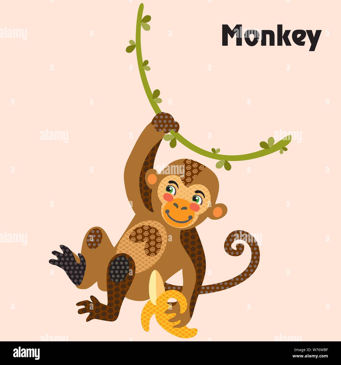 Bunt dekorativ Umrisse lustig bunte Affen hängen an einem Weinstock mit Banane in der Hand. Wilde Tiere und Vögel Vektor cartoon Flachbild Abbildung in di Stock Vektor