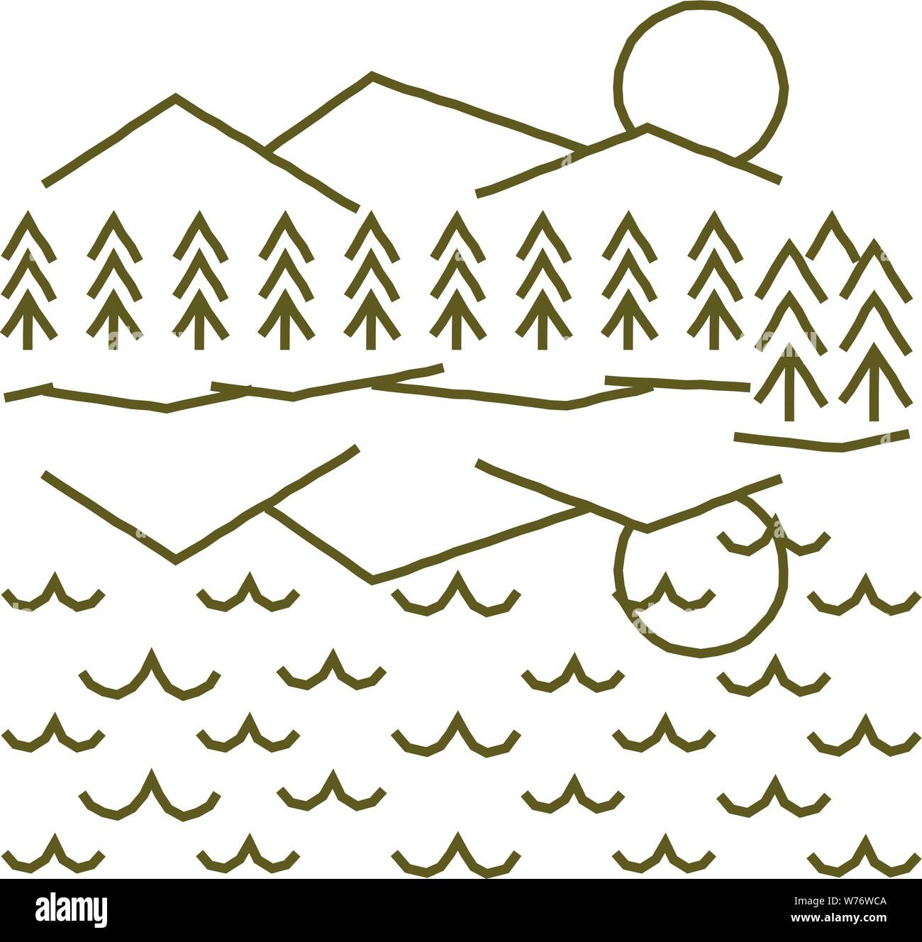 Berge und Bäume in einem See oder das Meer in eine einfache grobe Zeichnung wider Stock Vektor