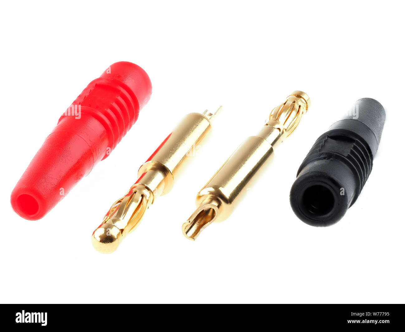 Vergoldete roter und schwarzer Bananenstecker, verwendet, auf weissem isoliert Stockfoto