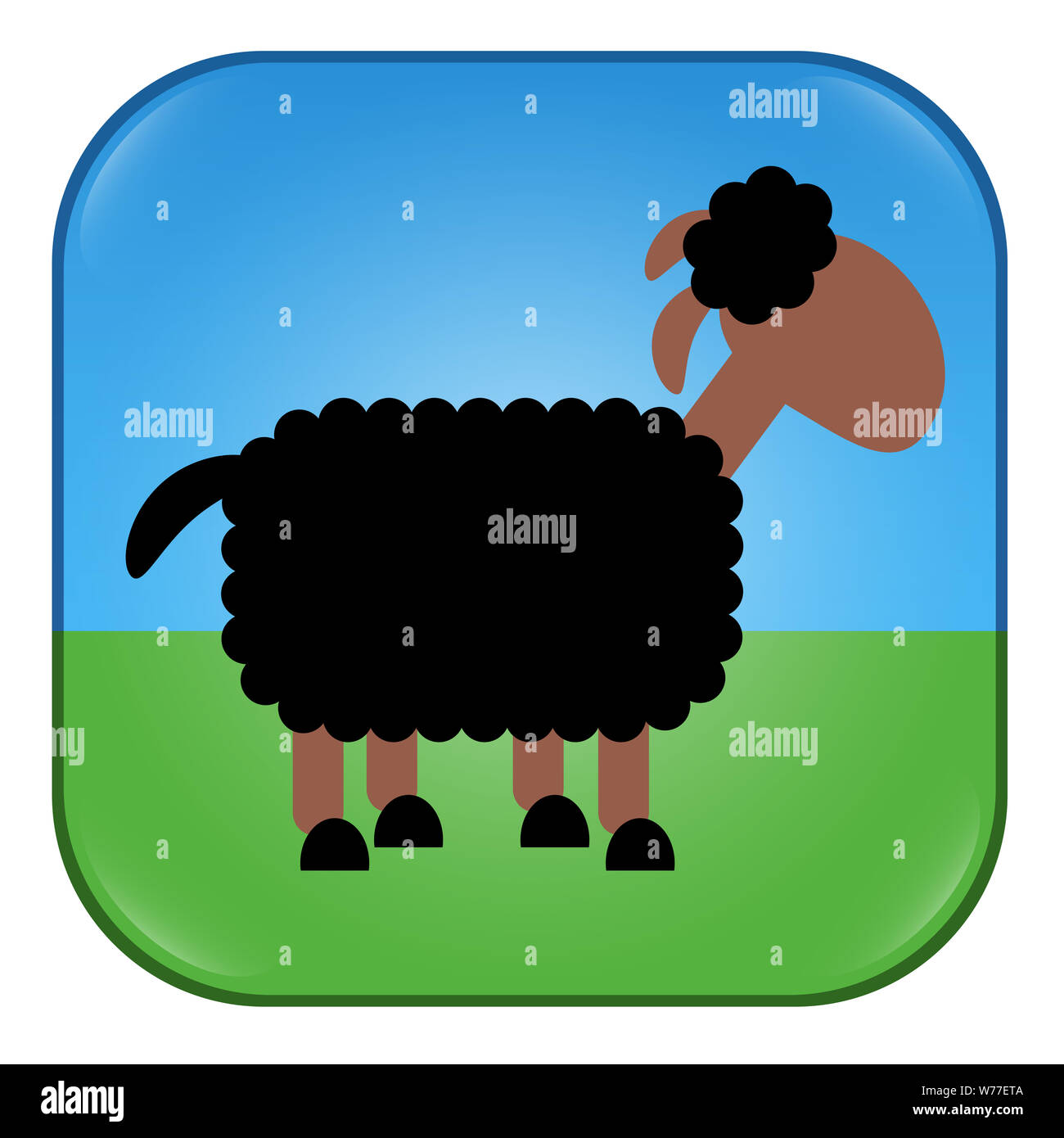 Schwarze Schafe Symbol, Taste oder App. Symbol für Individualität, Vielfalt, Mismatch, für Außenstehende und Dissidenten. Comic Illustration eines schwarze Schafe. Stockfoto