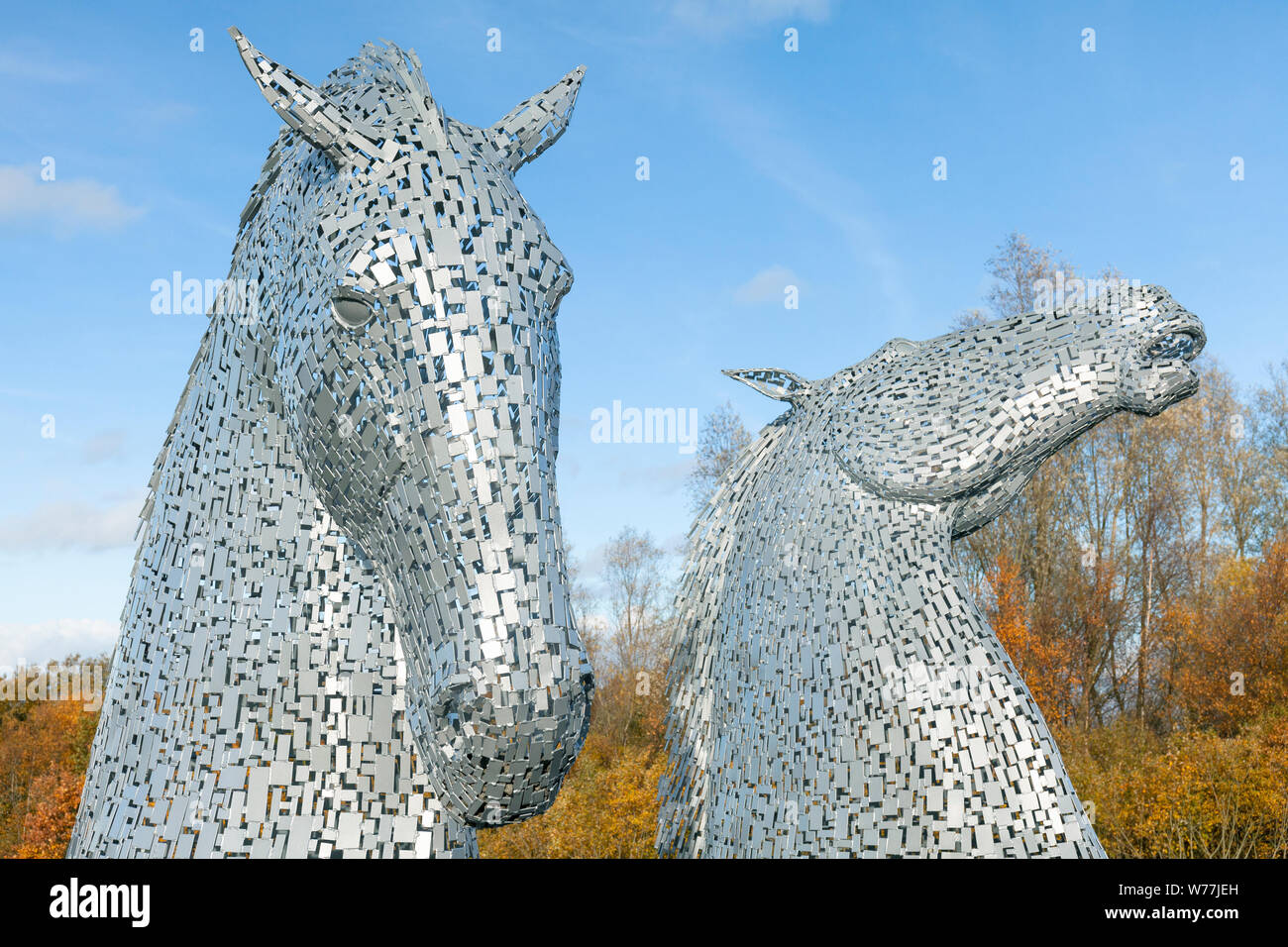 Nachbildung der Kelpies-Statuen in der Nähe des Falkirk Wheel, Falkirk, Stirlingshire, Central Lowlands, Schottland, VEREINIGTES KÖNIGREICH Stockfoto