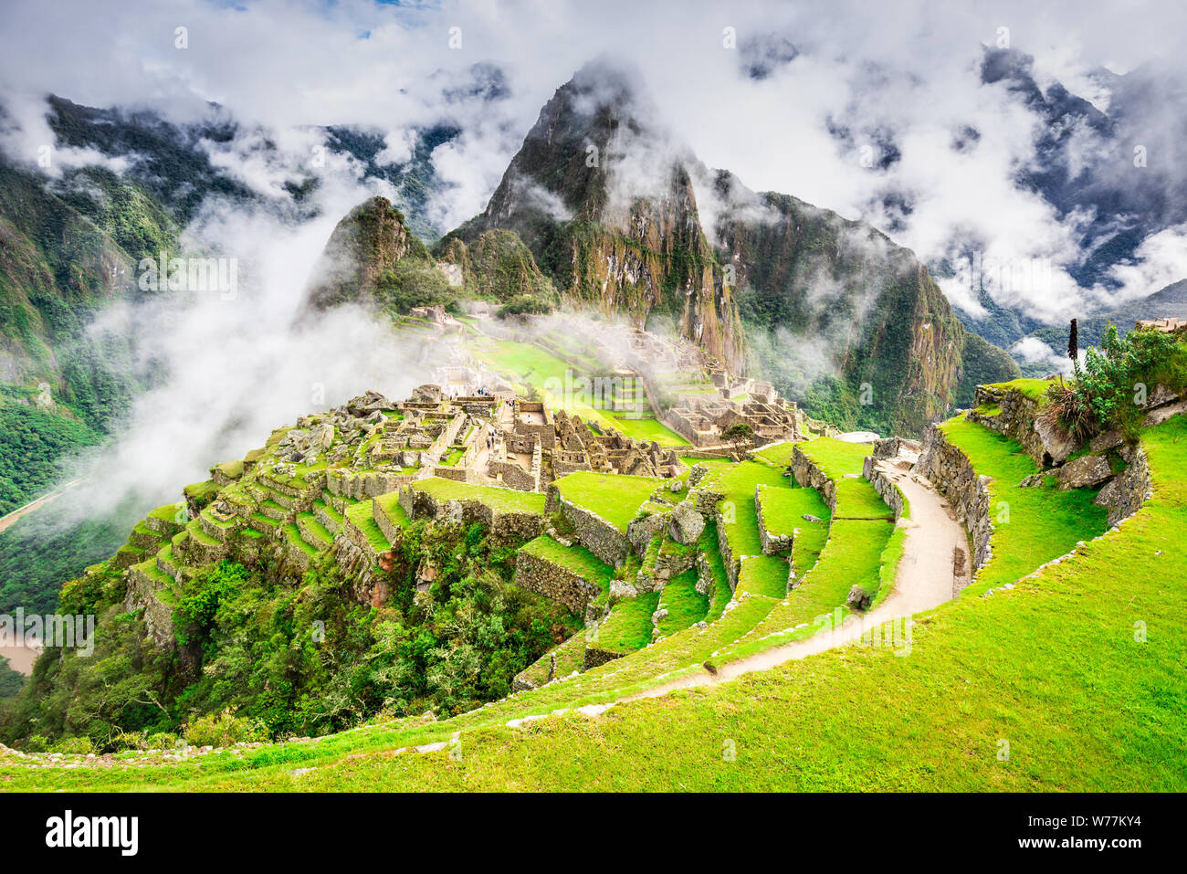 Machu Picchu, Peru, Südamerika. Ruinen von Inca Empire im Heiligen Tal, Cusco, Wunder der Welt. Stockfoto