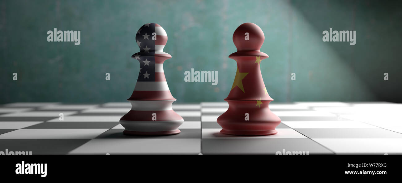Handelskrieg. China vs uns von Amerika schach Bauern auf einem Schachbrett, Banner. 3D-Darstellung Stockfoto