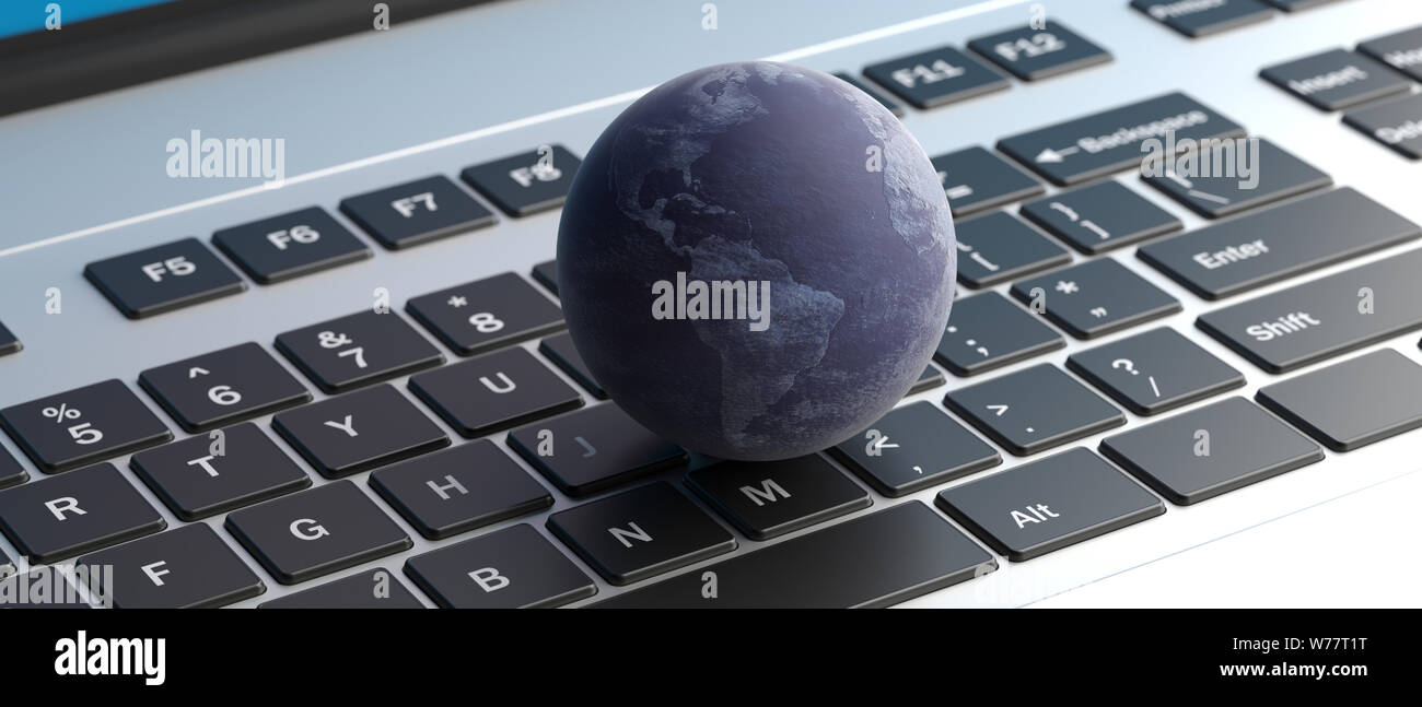 Internet globales Konzept. Earth Globus auf dem Computer Tastatur Hintergrund, Banner. 3D-Darstellung Stockfoto