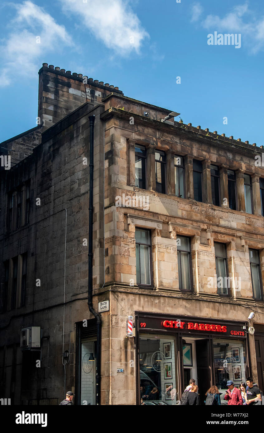 Glasgow, Schottland, Großbritannien. 5. August 2019: Nr. 99 - 107 West Nile Street wurde als Small Office Block und die dazugehörigen Lager 1858 entworfen Stockfoto