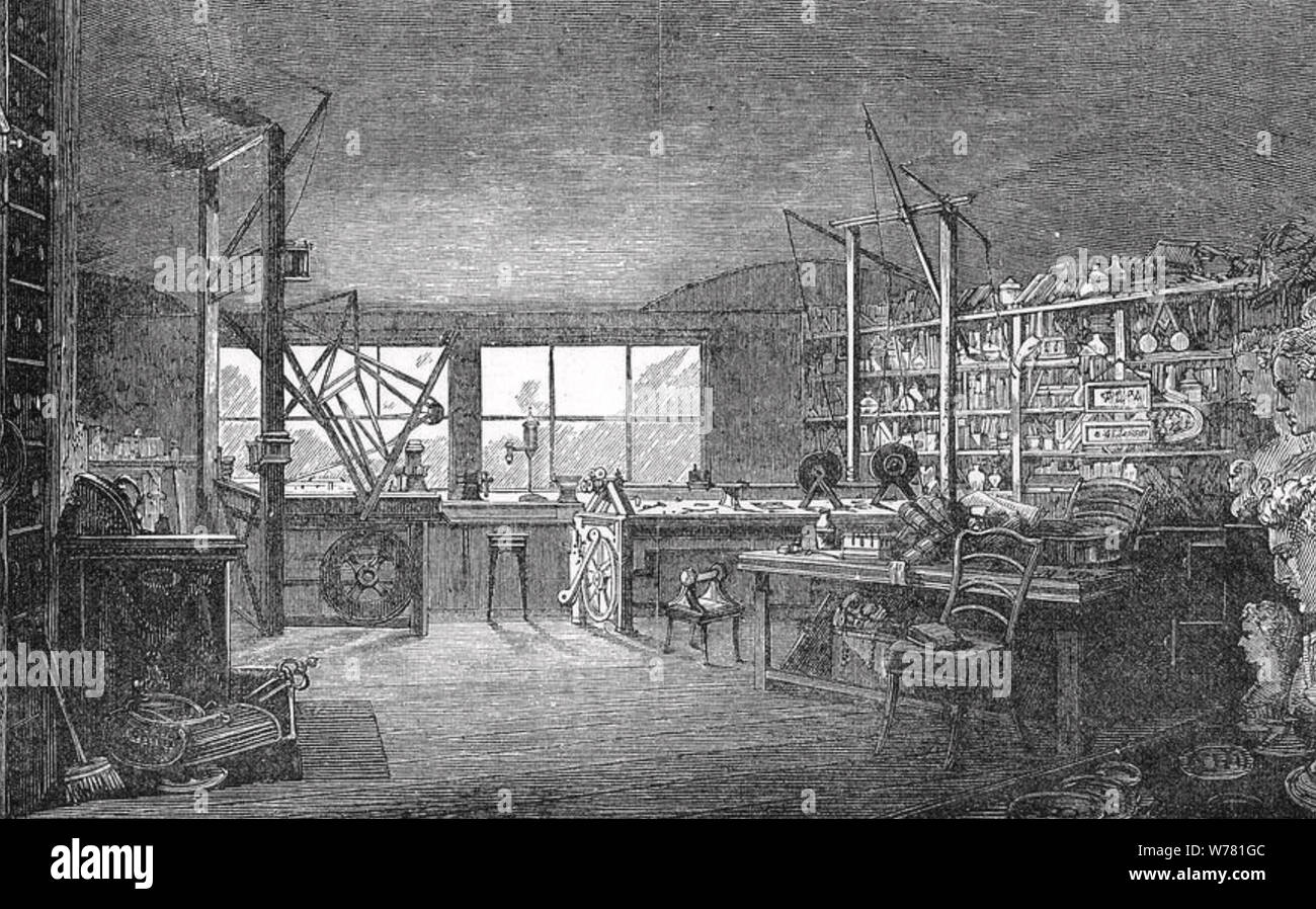 JAMES WATT (1736-1819) schottischer Erfinder. Die dachkammer Workshop in seinem Haus "Heathfield' in Handsworth, Middlesex, um 1820 Stockfoto
