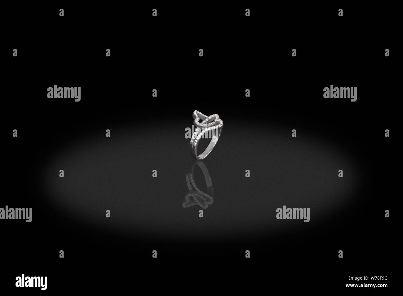 Silber precious zwei Herzen ring Weiblich mit Diamanten auf schwarzem Hintergrund. Gutes Material für design schmuck. Stockfoto