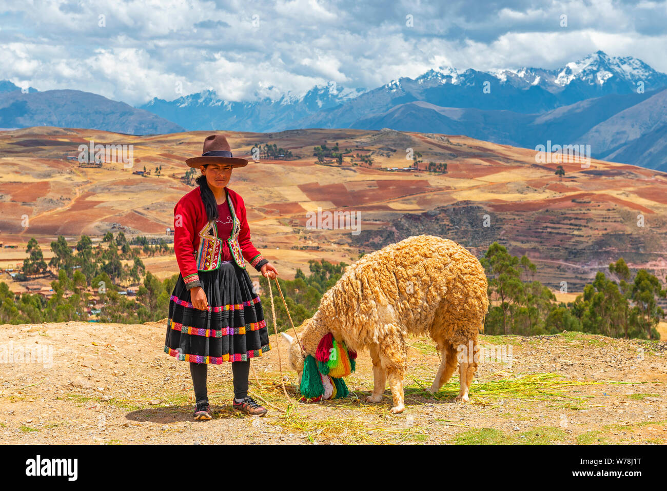 Indigenen Quechua Frau mit einem Lama essen Stroh und das Heilige Tal der Inka im Hintergrund in der Nähe von Cusco, Peru. Stockfoto