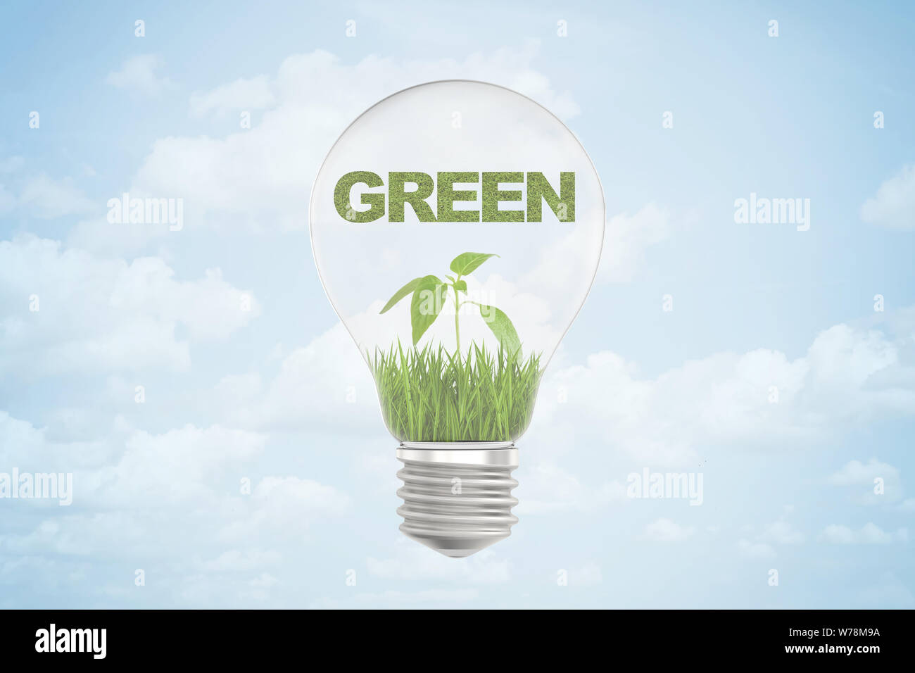 3D-Rendering des grünen Schild über kleine grüne Sprossen innerhalb einer Glühbirne auf blauen Himmel Hintergrund. Ökologie und Umwelt. Umweltprobleme. Digitale Stockfoto