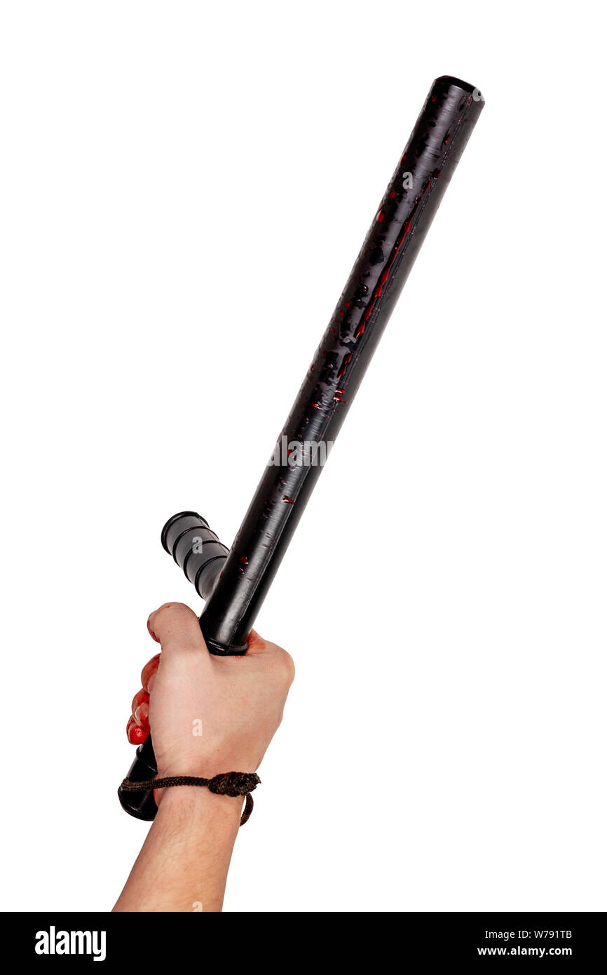 Blutige hand mit schwarzen Gummi Polizei Schlagstock mit Blut Markierungen - auf weißem Hintergrund Stockfoto